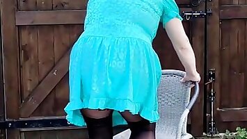 Sexy crossdresser satin dress stockings outdoor