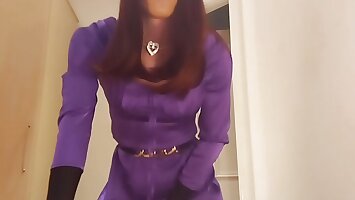 jess silk riding dildo in purple satin dress and skiny purple jacket with red wig