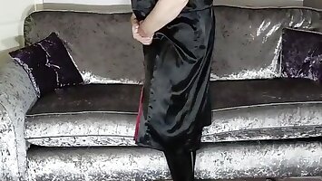 Sexy crossdresser red and disgraceful satin dress