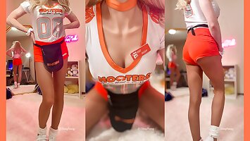 Sissy Hooters Waitress Exposes her locked clitty